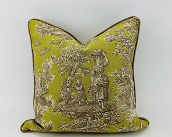 Green Toile Pillow Cover with Optional Brown Velvet Welt Piping