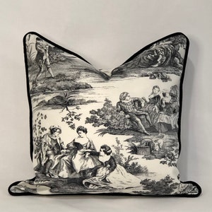 Black Toile Pillow Cover with Optional Black Velvet Welt Cord Trim