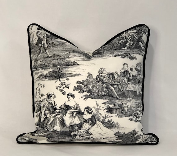 Black Toile Pillow Cover With Optional Black Velvet Welt Cord Etsy