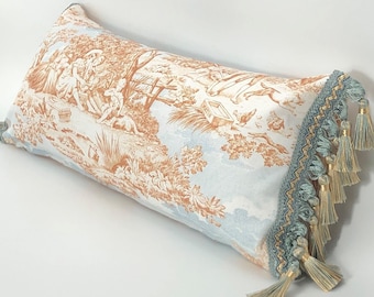 French Blue Toile Lumbar Pillow Cover with Optional Tassel Trim