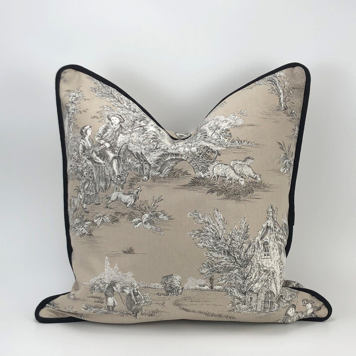 Taupe Toile Pillow Cover With Optional Black Velvet Welt Cord Trim - Etsy