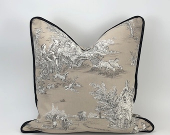 Taupe Toile Pillow Cover with Optional Black Velvet Welt Cord Trim