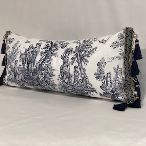Navy Blue and White Colonial Toile Lumbar Pillow Cover with Optional Beaded Pearl and Tassel Trim/ Pillow Insert Available