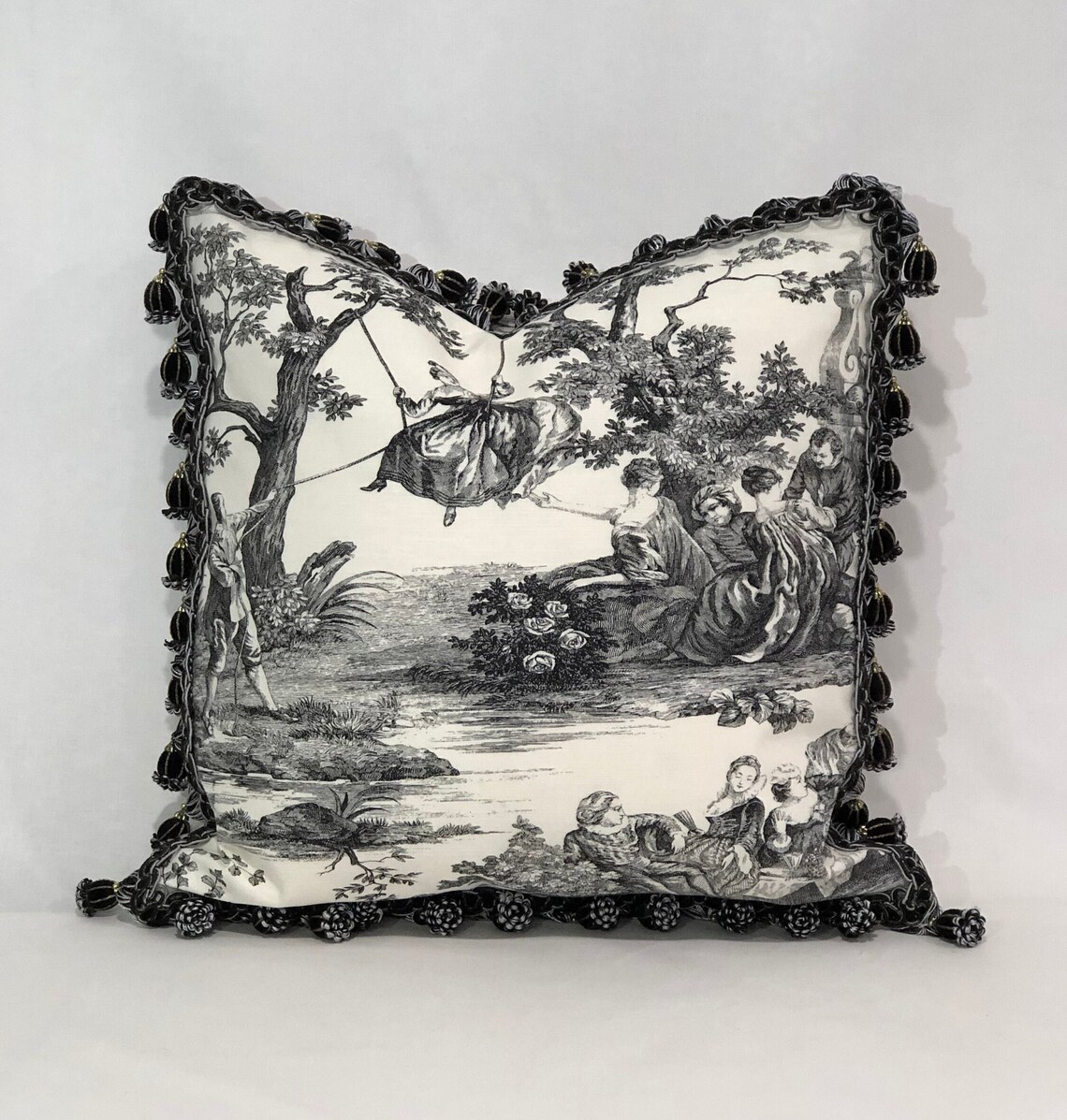 Black Toile Pillow Cover With Optional Black Velvet Welt Cord Etsy