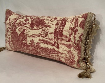 Red and Cream Versailles Toile Lumbar Pillow Cover with Optional Beaded Tassel Trim