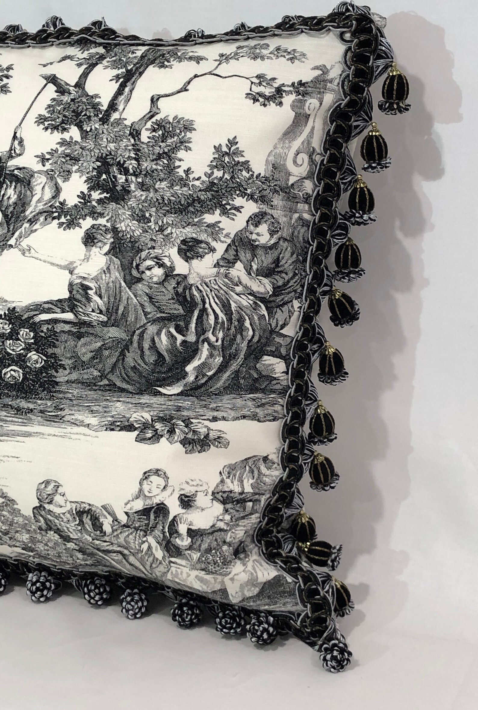 Black Toile Pillow Cover With Optional Black Velvet Welt Cord Etsy
