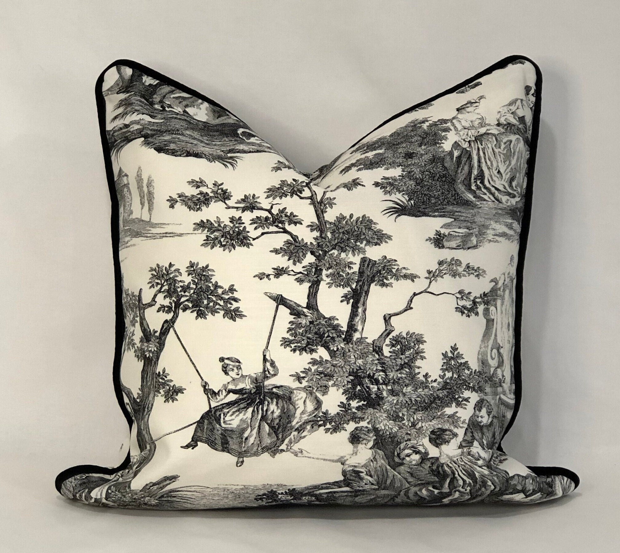 Black Toile Pillow Cover With Optional Black Velvet Welt Cord Etsy