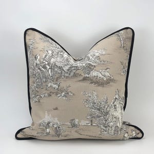 Taupe Toile Pillow Cover with Optional Black Velvet Welt Cord Trim