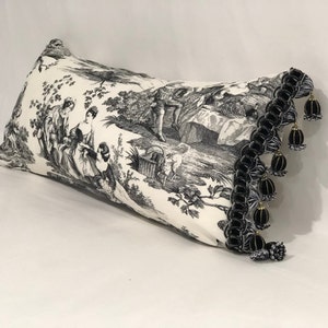 Parisian Black Toile Lumbar Pillow Cover with Optional Black Velvet Tassel Trim