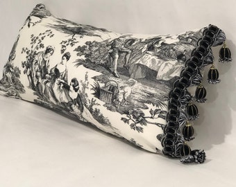 Parisian Black Toile Lumbar Pillow Cover with Optional Black Velvet Tassel Trim