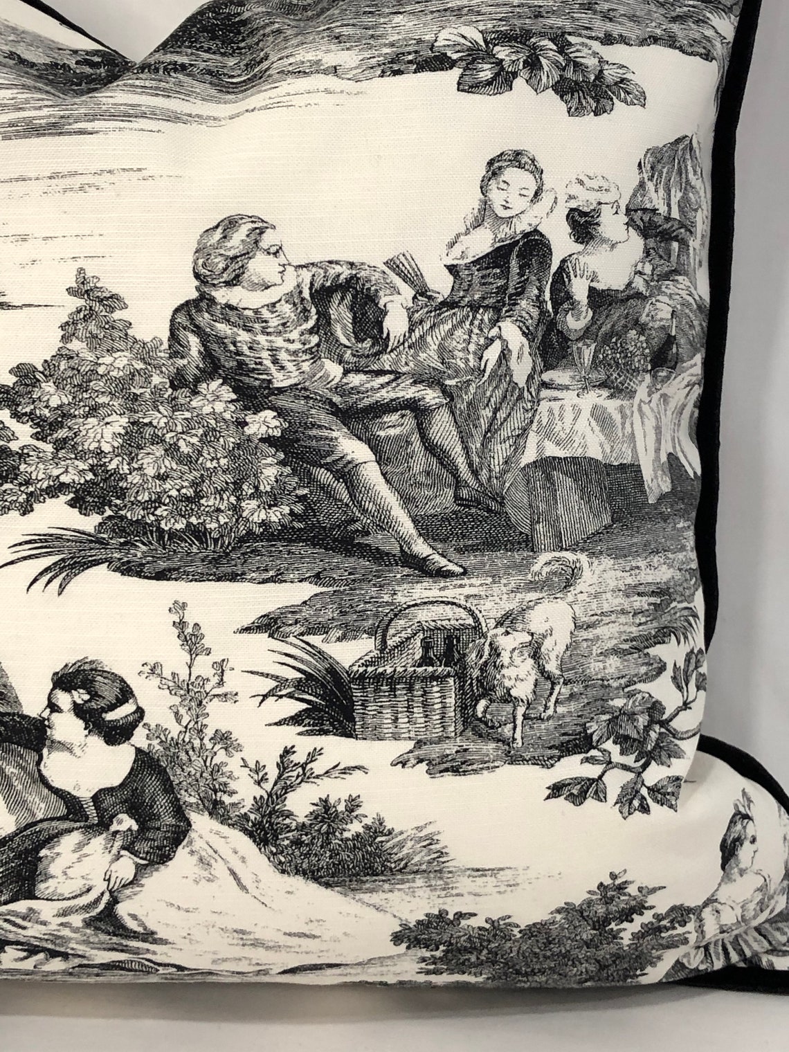 Black Toile Pillow Cover With Optional Black Velvet Welt Cord Etsy