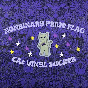 May include: A purple, black, and white nonbinary pride flag cat vinyl sticker. The cat is holding the flag in its paws. The sticker is on a purple background with a black and white pattern.