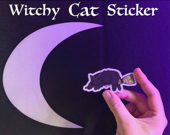Witchy Cat Vinyl Halloween Sticker (durable & waterproof)