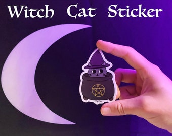 Witch Cat Vinyl Halloween Sticker (durable & waterproof)
