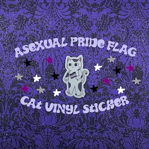 May include: Asexual Pride Flag Cat Vinyl Sticker. A white cat with black spots holds the asexual pride flag. The cat is on a purple background with a black and white damask pattern. The text "Asexual Pride Flag Cat Vinyl Sticker" is in white letters with a black outline.