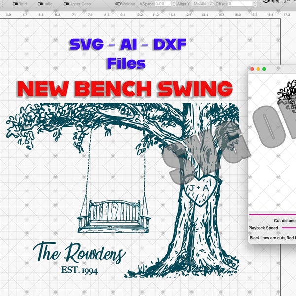 SVG file -  Tree with Heart Initials - Wood Bench Swing - laser engraving - xtool - Glowforge -lightburn