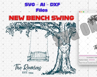 Archivo SVG - Árbol con iniciales de corazón - Columpio de banco de madera - Grabado láser - xtool - Glowforge - lightburn