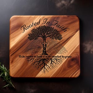 May include: Square wooden cutting board with rounded corners. The board features an engraved tree design with a cross and the words "Rooted In Faith" and "To be rooted in faith is to be steadied by grace."
