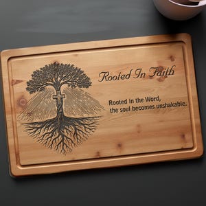May include: Wooden cutting board with a carved tree design, a cross, and the words "Rooted In Faith." The text "Rooted in the Word, the soul becomes unshakable" is also included. The board has a rectangular shape.