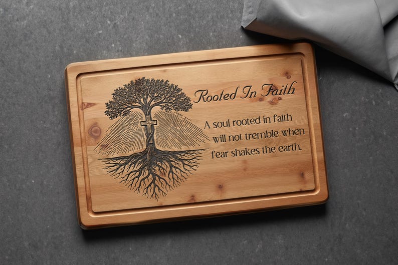 May include: Wooden cutting board with a carved tree design and the words "Rooted In Faith." The tree has a cross incorporated into the trunk. The board also has an inscription about faith.