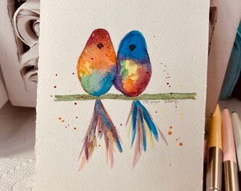 Aquarel vogelschilderijen. 4,25 "x 5,5". niet ingelijst. Regenboogvogels betekenen saamhorigheid.