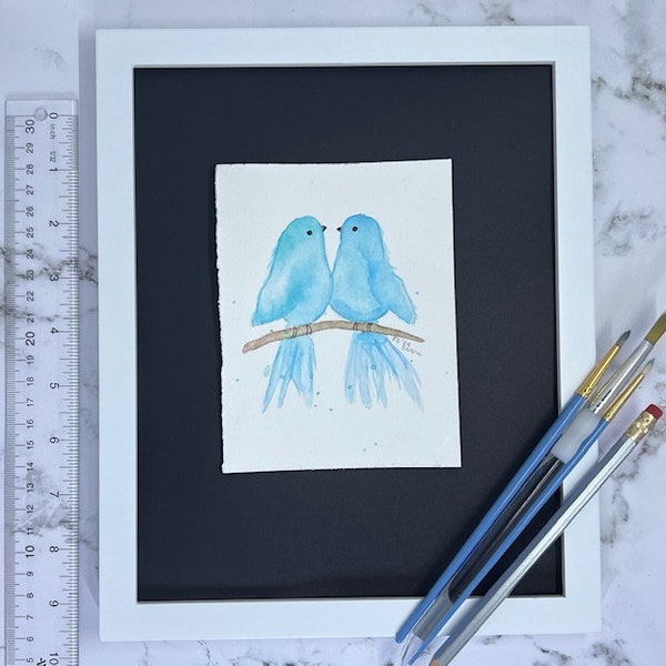 Watercolor Turquoise birds facing each other. 4.25x5.5" NOT framed. This one is named- Serene