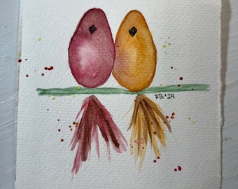 Aquarel twee vogeltjes van donkere baksteenrode en donkeroranje kleur, zittend op een tak - Joy 4,25 "x 5,5" zonder lijst