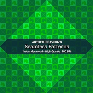 Puede incluir: Un diseño de patrón sin costuras en tonos verdes, con un patrón repetido de formas de hojas estilizadas dentro de una cuadrícula. El diseño incluye el texto "ART OF THE CAVERN'S Seamless Patterns" y "Instant download • High Quality, 300 DPI".