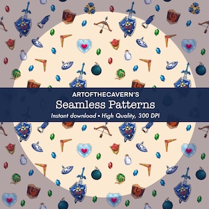 May include: A repeating seamless pattern design with fantasy game-themed illustrations, including shields, swords, and boomerangs. The pattern uses a range of colours, such as blue, red, green, and brown, on a light beige backdrop. The text "ART OF THE CAVERN'S Seamless Patterns" is also visible.