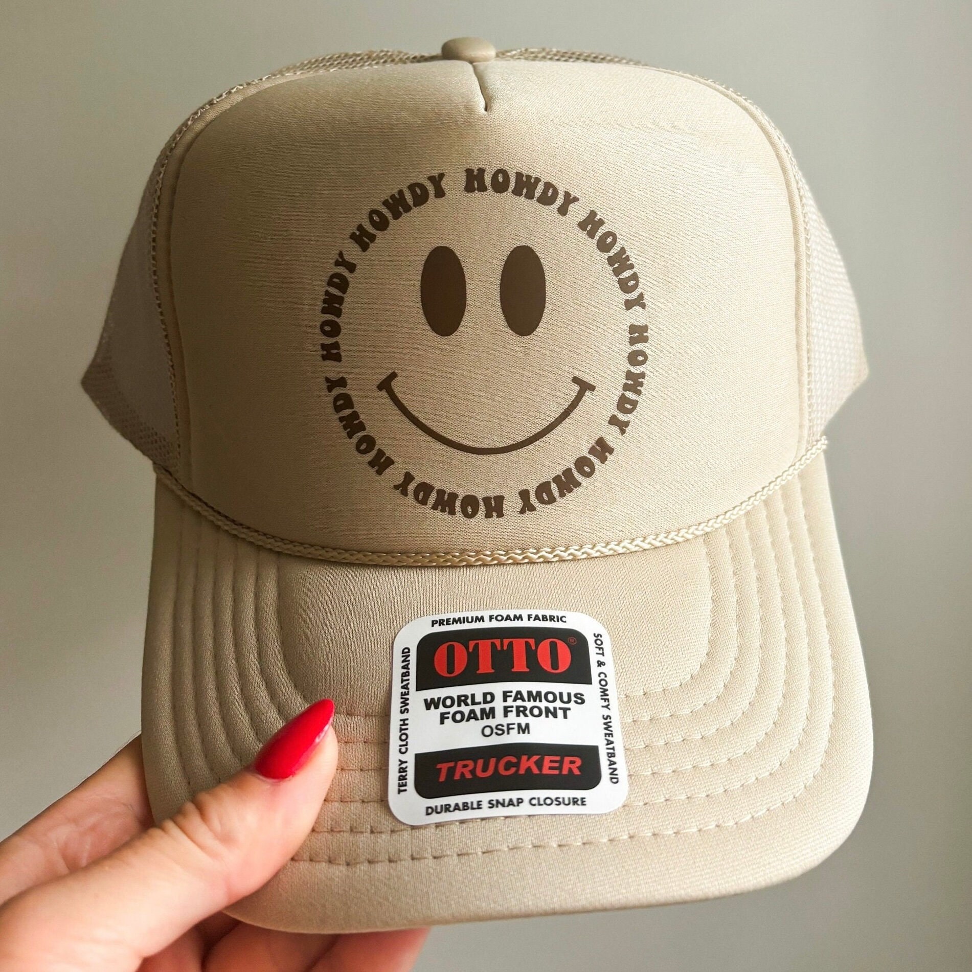 OTTO Beige Embroidered \'Howdy\' Western Trucker Hat with Pearl & Chain Accents Howdy Embroidered Classic Trucker Hat – Happi main image 3