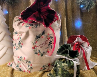 Set of 3 Reusable Christmas Holiday Gift Bags S/M/L Reusable Gift Bag 100% cotton with ribbon closure, eco-friendly gift wrap