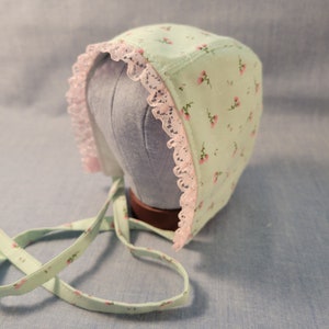 Cotton Baby Bonnet made with 100% cotton fabric and lace trim