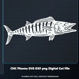 May include: Digital cut file featuring a detailed white wahoo fish design. The image includes the text "Wahoo2026" and details about the file formats: SVG, DXF, PNG, and ZIP. The design is intended for CNC plasma, laser, vinyl, and design workflows.