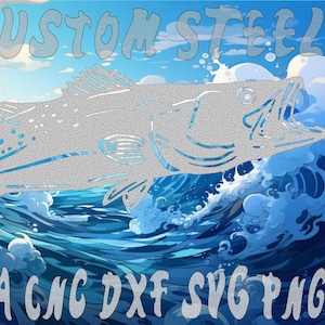May include: A silver metal fish cutout with open mouth, set against a blue and white wave background. The words "ENI CUSTOM STEEL" and "PLASMA CNC DXF SVG PNG" are displayed in silver text. The artwork is likely for coastal decor.