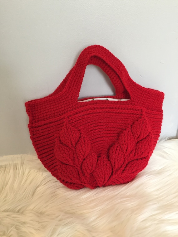 SPECIAL SALE Crochet 3d leaf Bag Red Cherries Classy Bag Lunch Bag Handmade Bag Red Bag Etsy