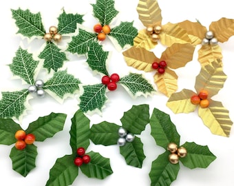 Christmas Holly Leaves With Berries Fabric Silk Ornaments Home Decoration Wedding Gifts Wreath Making Craft Supply Artificial Leaves