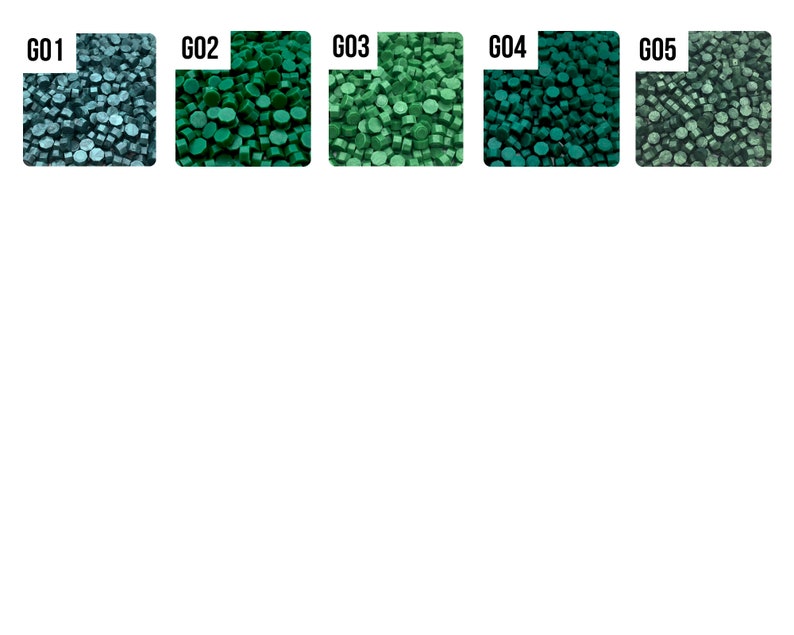 May include: Five samples of green and blue colored round beads. The samples are labeled G01, G02, G03, G04, and G05.