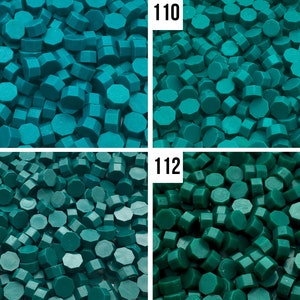May include: Four close-up images of teal green wax seal beads. The images are labeled 109, 110, 111, and 112.