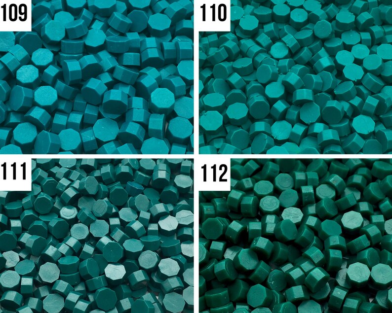 May include: Four close-up images of teal green wax seal beads. The images are labeled 109, 110, 111, and 112.