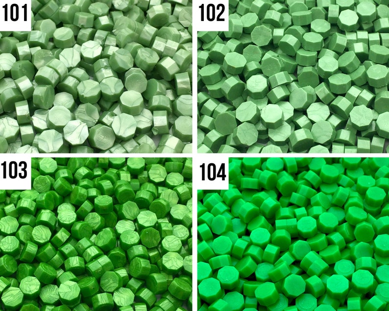 May include: Four close-up images of green wax seal beads. The beads are arranged in a random pattern. The images are labeled 101, 102, 103, and 104.