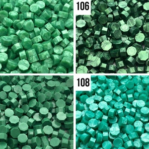May include: Four close-up images of green sealing wax pellets. The images are labeled 105, 106, 107, and 108.