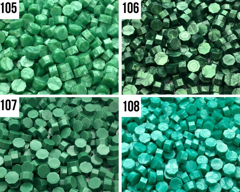 May include: Four close-up images of green sealing wax pellets. The images are labeled 105, 106, 107, and 108.