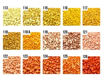 May include: Assortment of 15 small round wax seal stamps in various shades of yellow, orange, and pink. The wax seals are arranged in rows of five, with each row labelled with a number from 113 to 126.