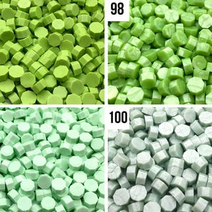 May include: Four close-up images of green and light green wax seal beads. The beads are hexagonal in shape and are arranged in a random pattern. The images are labeled with the numbers 97, 98, 99, and 100.