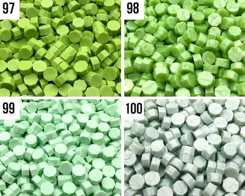 May include: Four close-up images of green and light green wax seal beads. The beads are hexagonal in shape and are arranged in a random pattern. The images are labeled with the numbers 97, 98, 99, and 100.