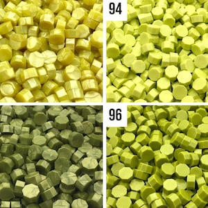 May include: Four close-up images of sealing wax. The top left image shows yellow sealing wax. The top right image shows green sealing wax. The bottom left image shows green sealing wax with a marbled effect. The bottom right image shows solid green sealing wax.
