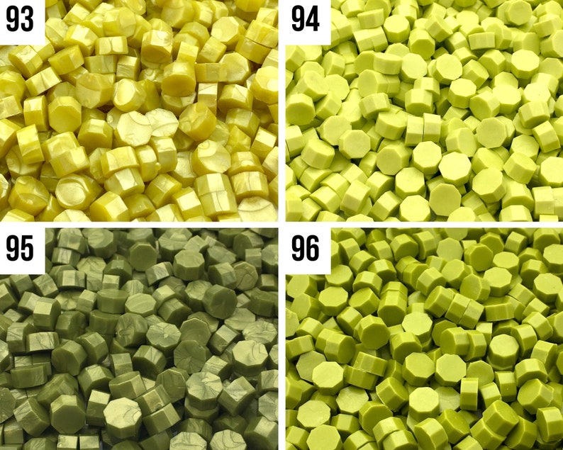 May include: Four close-up images of sealing wax. The top left image shows yellow sealing wax. The top right image shows green sealing wax. The bottom left image shows green sealing wax with a marbled effect. The bottom right image shows solid green sealing wax.