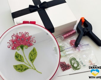 Tambour embroidery kit #6 for beginner / Set for tambour embroidery / Floral embroidery set / Bead embroidery kit DIY / Gift for mother