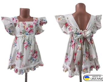 Cute cotton dress for a girl, lace, bow-knot belt Romantic style ruffle gown for little princess 116 cm Floral print Provence Christmas gift