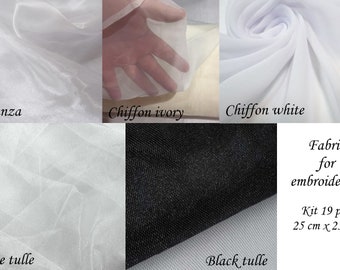 Kit de broderie Lunéville 19 pcs tissu pour broderie: organza, mousseline, tulle 25 x 25 cm / Matériaux pour broderie tambour blanc, noir